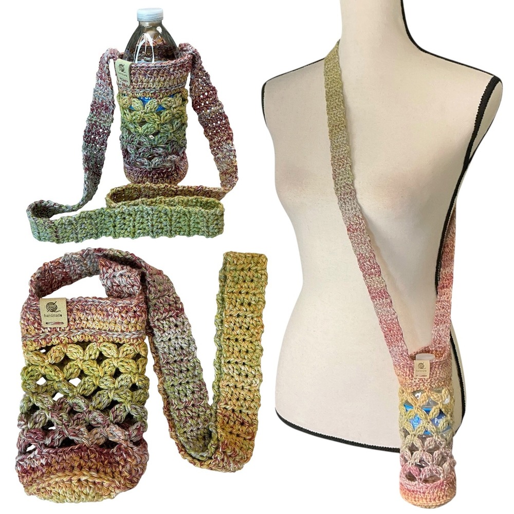 Handmade Multi Crochet Water Bottle Holder Unisex OS Crossbody Boho Sling